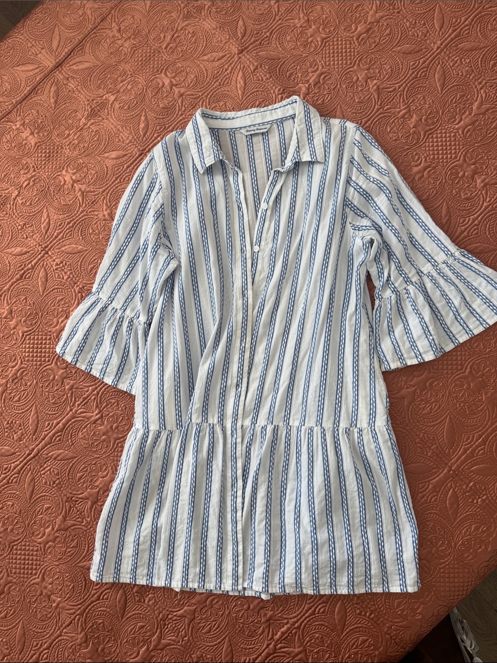 Tommy Bahama Blue and White Striped Button-Front Midi Dres